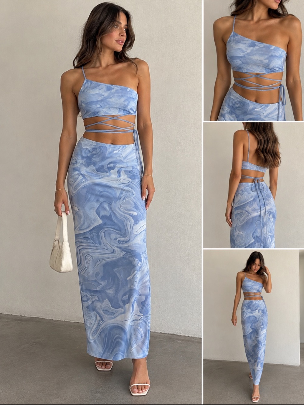 NEW Naked Wardrobe Blue Marble Top and Maxi Skirt Set